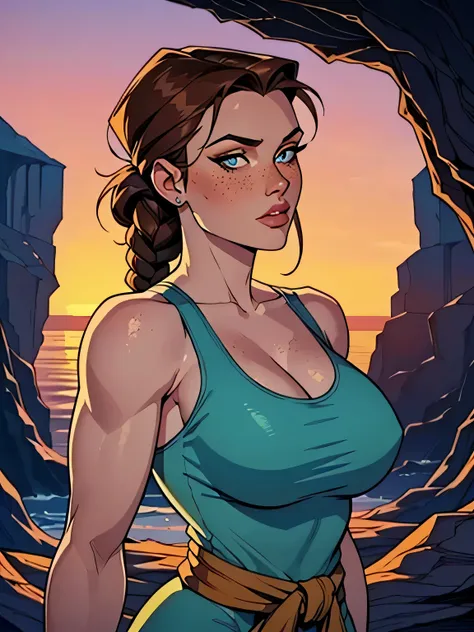 Melhor qualidade, obra de arte, (realista: 1.2) Close up of a thin woman ,  busty and athletic  (Lara Croft), 25 anos, 16k (( high definition )), semblante pensativo, olhar sedutor ((looking at the viewer)), olhos castanhos, wearing a fitted petrol blue ta...