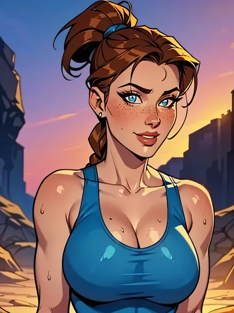Melhor qualidade, obra de arte, (realista: 1.2) Close up of a thin woman ,  busty and athletic  (Lara Croft), 25 anos, 16k (( high definition )), sorriso suspirante, olhar sedutor ((looking at the viewer)), olhos castanhos, wearing a fitted petrol blue tan...
