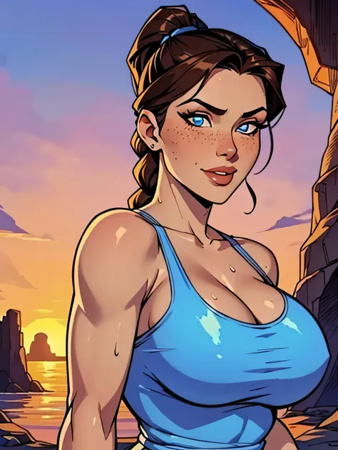 Melhor qualidade, obra de arte, (realista: 1.2) Close up of a thin woman ,  busty and athletic  (Lara Croft), 25 anos, 16k (( high definition )), sorriso suspirante, olhar sedutor ((looking at the viewer)), olhos castanhos, wearing a fitted petrol blue tan...