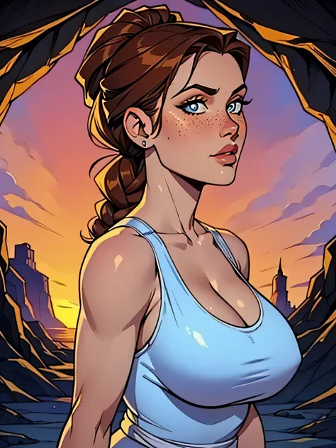 Melhor qualidade, obra de arte, (realista: 1.2) Close up of a thin woman ,  busty and athletic  (Lara Croft), 25 anos, 16k (( high definition )),  sighing look, olhar sedutor ((looking at the viewer)), olhos castanhos, wearing a fitted petrol blue tank top...