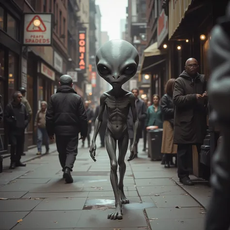 On a busy New York sidewalk, a short grey alien with a large head and big black eyes is walking down the sidewalk. Some people don't notice, others are scared to death, and panic.   Ultra-realistic, Photorealistic, ultra-detailed, physically-based renderin...
