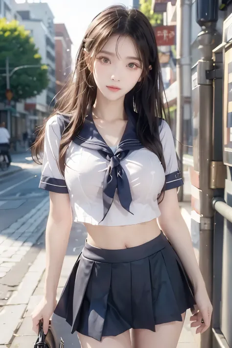 ( Super High Definition), (I'm looking over here), (school uniform:1.2, sailor suit, flared skirt), (Big Breasts:1.2), (Slimness:1.8), ( Read more:1.4), (thin thighs:1.4), ( thin hips:1.6), ( beautiful skin, shiny skin, white skin), (Super slim face, Sup...