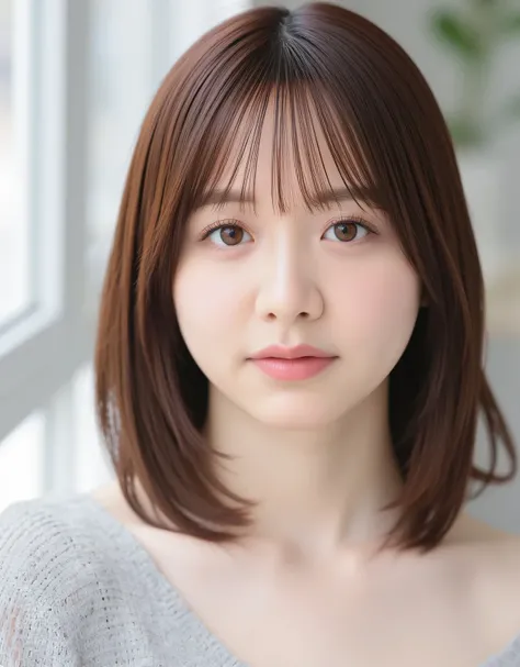 Raw photo, reality, (staring), (focus on face), (close-up), front view, Japanese woman, (semi-long shoulder-length hair, dark brown hair color, straight hair, hairstyle), (off-the-shoulder), unedited, live-action, authentic, cute young girl, beautifully de...