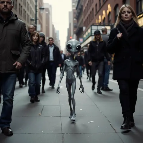 On a busy New York sidewalk, a short grey alien with a large head and big black eyes is walking down the sidewalk. Some people don't notice, others are scared to death, and panic.   Ultra-realistic, Photorealistic, ultra-detailed, physically-based renderin...