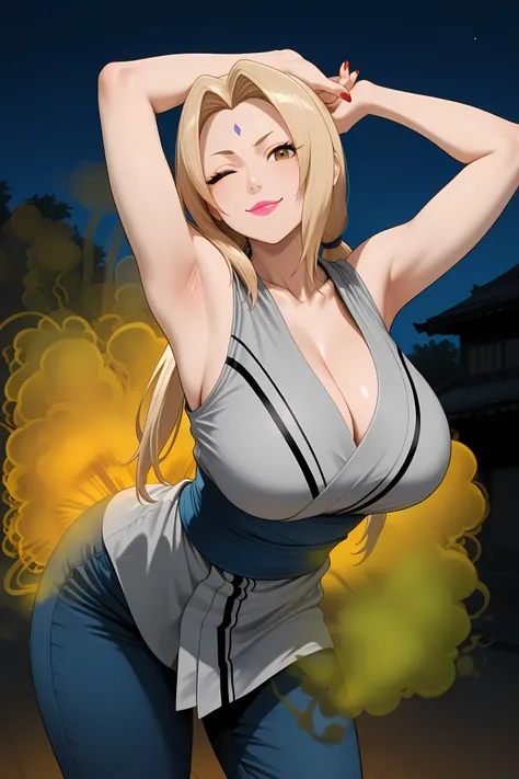 ,,<lora:Tsunade-IL-v1-07:0.7>, ChopioTsunade, blonde hair, long hair, low twintails, hair tie, brown eyes, forehead mark, pink lipstick, looking at viewer, mature female, large breasts, red nails,,outfit_2, grey kimono, sleeveless kimono, collarbone, cleav...