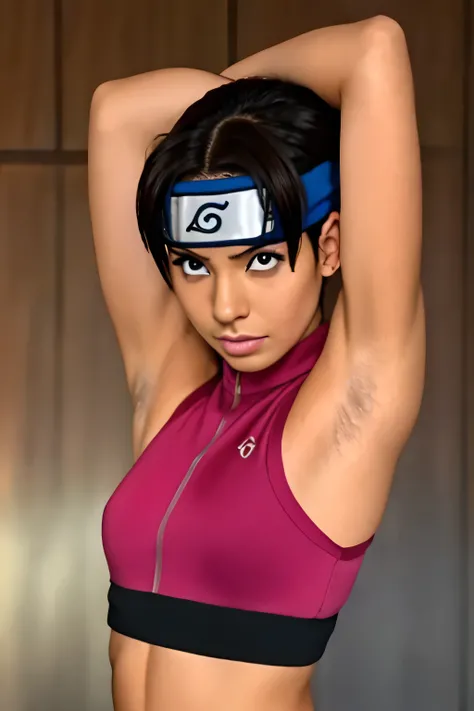 Tenten,human woman with fair skin and slight tan.with brown eyes and pink clothing. Her hair is long and brown in color; She is beautiful. Fair skin.Tsundere face. Pink eye shading,mature appearance,armpits,sweat,sweaty,sweaty armpits,arms up,showing armpi...