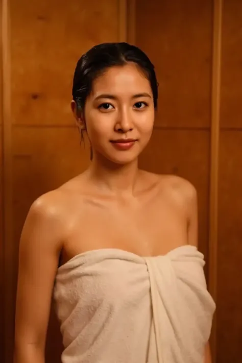 (Highest Quality、Table Top、8k、best image quality、Award-winning work)、one beautiful Japanese woman、(chignon:1.3)、(ELEGANT WOODY SAUNA WALL BACKGROUND:1.2)、(A WOMAN'S BODY IS PERFECTLY Wrapped in a Bath Towel:1.5)、(The Most Romantic and Moody Dim Warm Lighti...