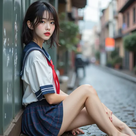 RAW photograph of japanese woman (sitting sideways) in sheer sailor uniform with a little cropped. she is wearing a white school uniform with a navy blue sailor collar and a red ribbon tied around her neck and and a navy blue skirt with buffalo check patte...