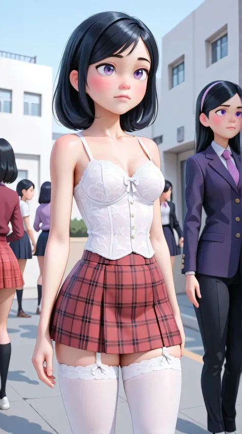 (the best quality: 1.4), (pretty face), Purple pair. Black hair with highlights cute hair, gafas redondas, (purple eyes: 1.2) short height,  light smile , exterior,school, depth of field, white lace bustier with sweetheart neckline,  Red plaid skirt , gart...