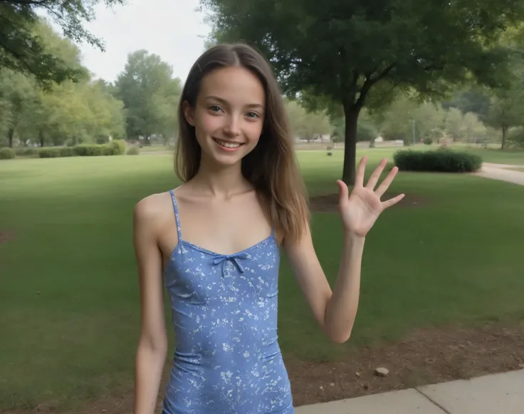 ((Highest Quality)), ((Photo Quality)), (detail), perfect face，Raise Your Hand,narrow shoulder,was photographed in the park,(smile:0.5),2 cute girls,(skinny:1.3),(Slim:1.5),flat chest