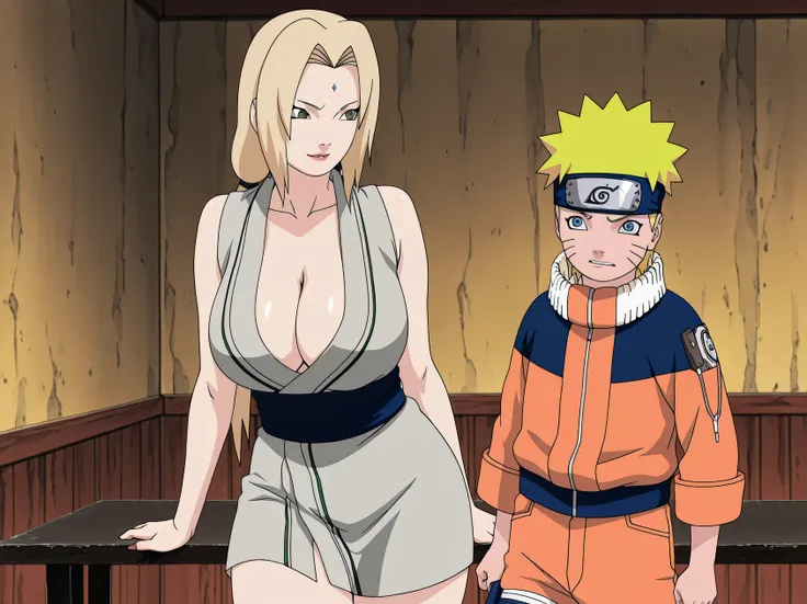 1boy, 1milf. naruto uzumaki, shota, blue eyes, yellow-haired and Tsunade Senju, flirty, Sensual, Tsunade tilted provocatively, highlighting your curves, sexy, blonde, brown eyes. Tsunase sedce a Naruto. She has her eyes fixed on Naruto. Naruto is standing,...