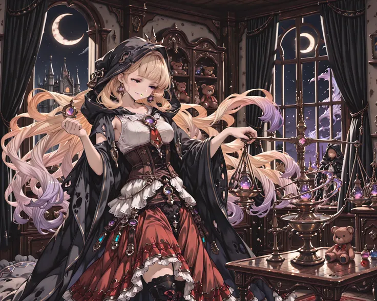 ((Masterpiece), (Highest Quality), (High Score), (High Resolution),(4k),),
((Medieval England),、(night),(indoors),1girl,,solo,),
(,(Fantasy), (Magic Experiment Scene), (Royal Castle, Alchemist's Room, Medicine Cabinet, Table, Torn Stuffed Animal, Bear S...