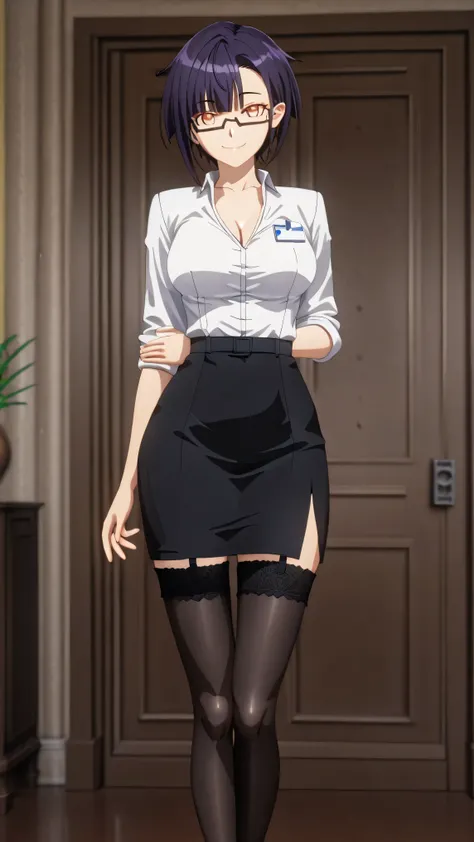 (( 3d style. )) 1 girl, [nias carlin]. ((Alone 1.0)). piel clara, short hair, dark purple hair, golden eyes, lower frame glasses. wears sexy office worker uniform. horny secretary , sexy nymphomaniac. white satin shirt.  V-neck pronounced , pencil-cut blac...