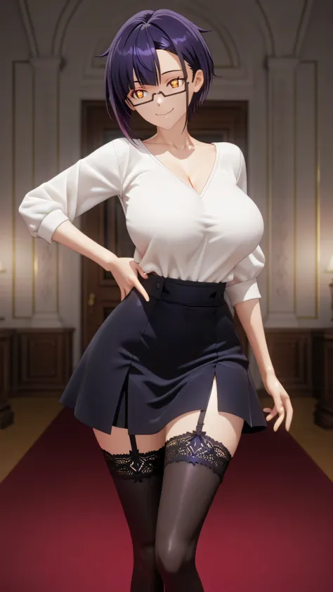 (( 3d style. )) 1 girl, [nias carlin]. ((Alone 1.0)). piel clara, short hair, dark purple hair, golden eyes, lower frame glasses. Wear white satin shirt.  V-neck pronounced , pencil-cut black satin skirt,  garter belts and black tights . Big breasts, wide ...