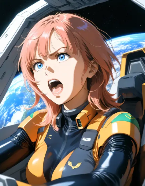 1girl, rororina fryxell, gundam, upper body, universe, earth, gundam cockpit, pilot suit, blue eyes, determined, screaming, 16k, Ultra detailed, (realistic, photorealistic : 0.5), masterpiece, high score, great score, absurdres