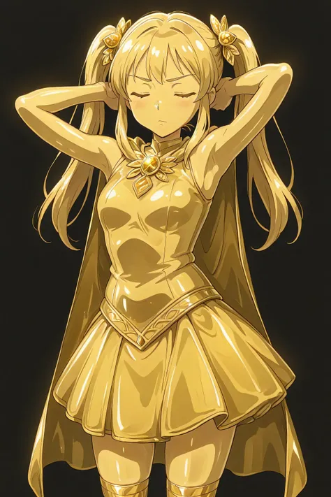 masterpiece, Highest Quality, Newest, ultra high definition, closed her eyes, gold髪,  jaundice, Women in their 20s, with her mouth closed, no students, yellow skin, shiny skin,  gold属の肌, Eyebrows, 1girl, solo, cowboy shot, standing, dynamic, watching viewe...