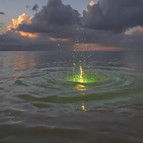 Ultra-realistic, photo-realistic, ultra-detailed, bright vibrant colors, 3D rendered realism, clear crisp images,
 an electric blue sky with dark green clouds, and light lime green clouds in front of those clouds partially covering an orange fireball of a ...