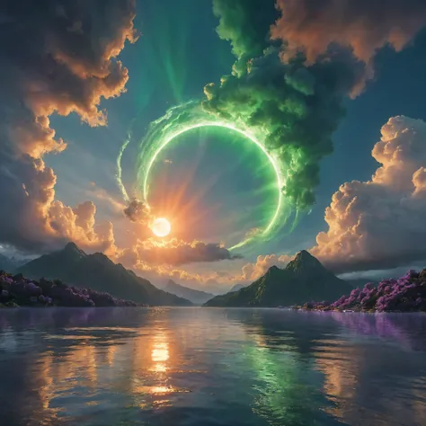 Ultra-realistic, photo-realistic, ultra-detailed, bright vibrant colors, 3D rendered realism, clear crisp images,
An electric blue sky filled with large dark green cumulus clouds, with light lime green and white billowing clouds in front of these that are...