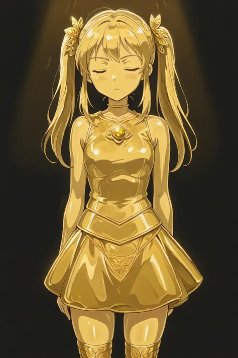 masterpiece, Highest Quality, Newest, ultra high definition, closed her eyes, gold髪,  jaundice, Women in their 20s, with her mouth closed, no students, yellow skin, shiny skin,  gold属の肌, Eyebrows, 1girl, solo, cowboy shot, standing, dynamic, watching viewe...