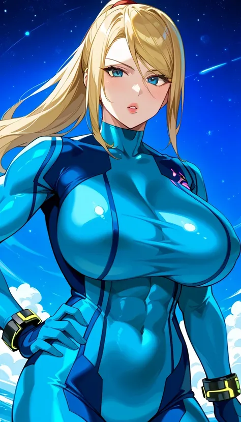 傑作、Best quality、1woman、ZSSamus、blonde hair、ponytail hair、strong muscles、ponytail hair、blue eyes、body suit、zero suit、blue body suit、blue clothes、gigantic breasts、muscular and strong、very large breasts、blue pantynose、long sleeves、blue gloves、bracelet、upper b...