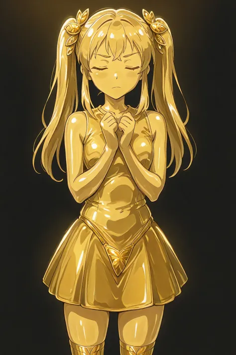 masterpiece, Highest Quality, Newest, ultra high definition, closed her eyes, gold髪,  jaundice, Women in their 20s, with her mouth closed, no students, yellow skin, shiny skin,  gold属の肌, Eyebrows, 1girl, solo, cowboy shot, standing, dynamic, watching viewe...