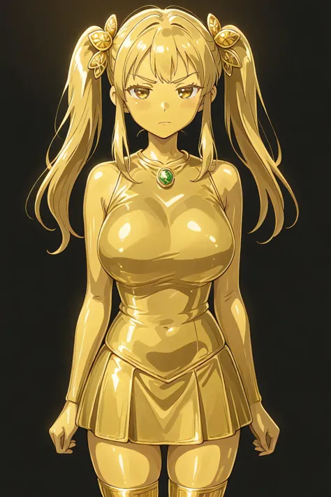 masterpiece, Highest Quality, Newest, ultra high definition, gold色の瞳, gold髪,  jaundice, Women in their 20s, with her mouth closed, no students, yellow skin, shiny skin,  gold属の肌, Eyebrows, 1girl, solo, cowboy shot, standing, dynamic, watching viewers, back...