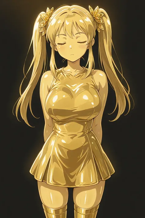 masterpiece, Highest Quality, Newest, ultra high definition, closed her eyes, gold髪,  jaundice, Women in their 20s, with her mouth closed, no students, yellow skin, shiny skin,  gold属の肌, Eyebrows, 1girl, solo, cowboy shot, standing, dynamic, watching viewe...