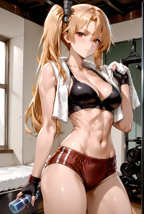 masterpiece, best quality, very aesthetic, MoriiMee, absurdres, 1girl, solo, source_anime, cleveland (azur lane), red eyes, long blonde hair, side ponytail, hair ornament

Medium breasts, cute tomboy, beautiful girl, toned body, slim body , hips, black_spo...