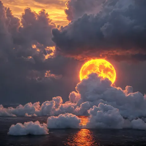 Ultra-realistic, photo-realistic, ultra-detailed, bright vibrant colors, 3D rendered realism, an electric blue sky with billowing light lime green cumulus in front of white and dark green clouds partially covering an enormous super bright orange and burnt ...