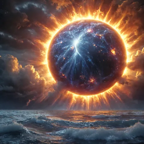 Ultra-realistic, photo-realistic, ultra-detailed, bright vibrant colors, 3D rendered realism, neon colors,an electric blue sky with billowing light lime green cumulus in front of white and dark green clouds partially covering an enormous super bright orang...