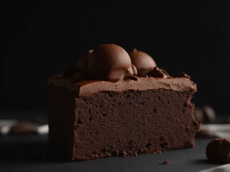 Cinematic chocolate scene, chocolate cake, dark background, high-quality photo, wet texture, glaze, Studio photo, piece, shallow depth of field, vignette, very detailed, big budget, hips, cinemascope, dark, epic, gorgeous, film grain size, granular