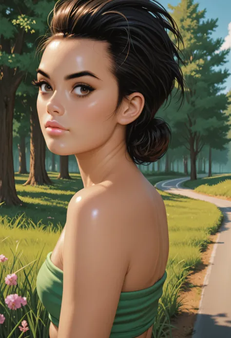 black hair, pixie slick back hair, (forehead), black thin eyebrows, dark brown eyes, black eyelashes, nose, normal lips, pink lips, small breasts, (green tube top), simple background, from side, looking at viewer, trees, grass, road, (shiny skin), (glossy ...