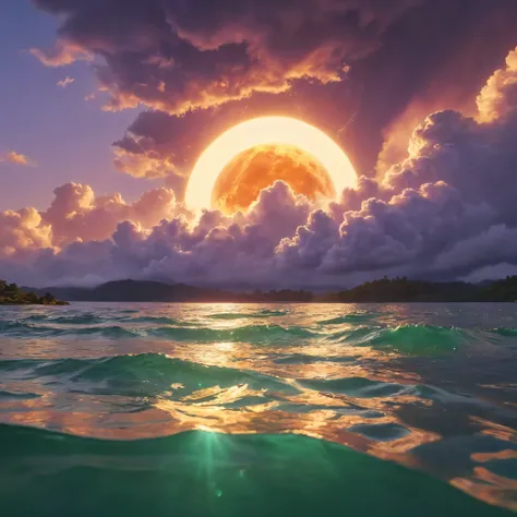 Ultra-realistic, photo-realistic, ultra-detailed, bright vibrant colors, 3D rendered realism, clear crisp images,
 An electric blue sky filled with large dark green cumulus clouds, with light lime green and white billowing clouds in front of these that are...