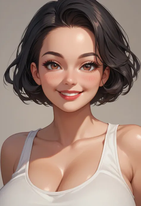 1girl, short hair, black hair, forehead, black thin eyebrows, big brown eyes, black eyeliners, pink blush, nose, red thick lips, big smile, perfect face, beautiful girl, huge breasts, tank top, white tank top
