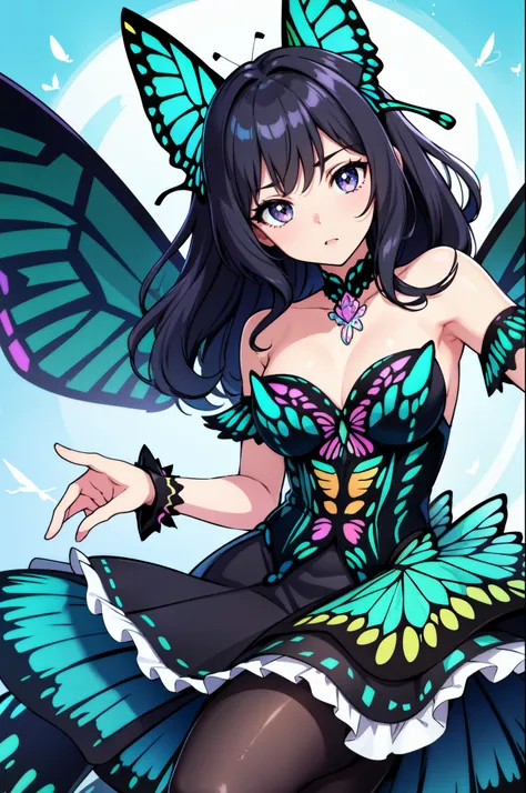 1girl, (butterfly wings:1.1), (colorful idol costume), (wavy hair), ( medium hair ), (butterfly ears), (dynamic pose), (turquoise-silver eyes), (jewelry background), ( body dress ), (vibrant color:1.3), ( back angle ), PLUS_Details :-1, PLUS_Details :0, PL...