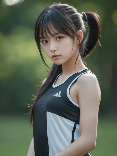 Sporty Girl, Dynamic Pictures , Black Hair, Long Hair, ponytail, bangs, (Highest quality:1.4),(masterpiece:1.4),(Realistic:1.4),(Realistic:1.2),(超High resolution, RAW Photos:1.4),(High resolution, Very detailed:1.2),(8k:1.2),photograph,a photo of a dark...