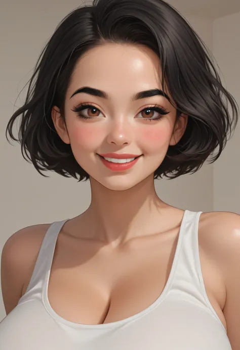 1girl, short hair, black hair, forehead, black thin eyebrows, big brown eyes, black eyeliners, pink blush, nose, red thick lips, big smile, perfect face, beautiful girl, huge breasts, tank top, white tank top