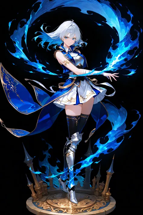 black background, 1girl, solo, masterpiece, female knight theme, beautiful woman with long silver hair, blue-streak hair, blue eyes and silky hair, hair down, white chest plate, wearing long blue knightly attire, long blue coatail, white skirt, decorated w...