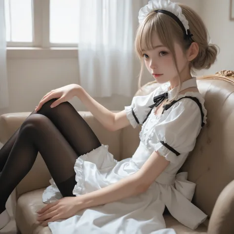 1 Girl、maids、(Smile Yang:0.3)、is looking here,sitting、 Thin tights 、From the side、open both legs,(younger:1.5),(skinny:1.1),japanese