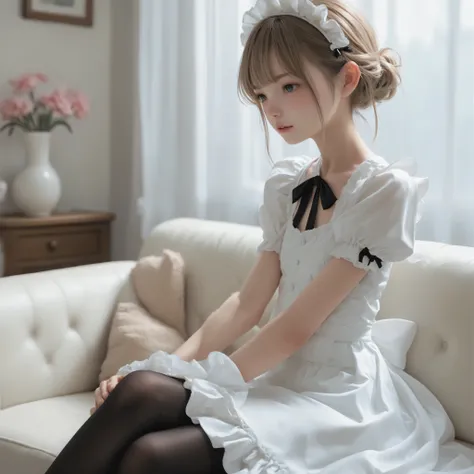 1 Girl、maids、(Smile Yang:0.3)、is looking here,sitting、 Thin tights 、From the side、open both legs,(younger:1.5),(skinny:1.1),japanese