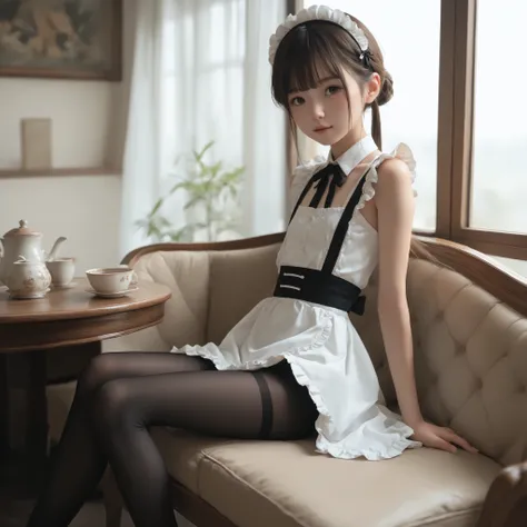 1 Girl、maids、(Smile Yang:0.3)、is looking here,sitting、 Thin tights 、From the side、open both legs,(younger:1.5),(skinny:1.1),japanese