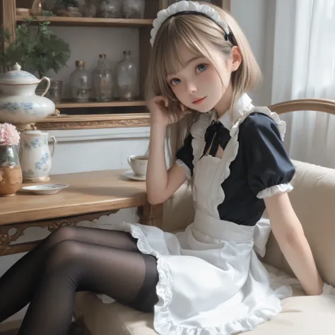 1 Girl、maids、(Smile Yang:0.3)、is looking here,sitting、 Thin tights 、From the side、open both legs,(younger:1.5),(skinny:1.1),japanese
