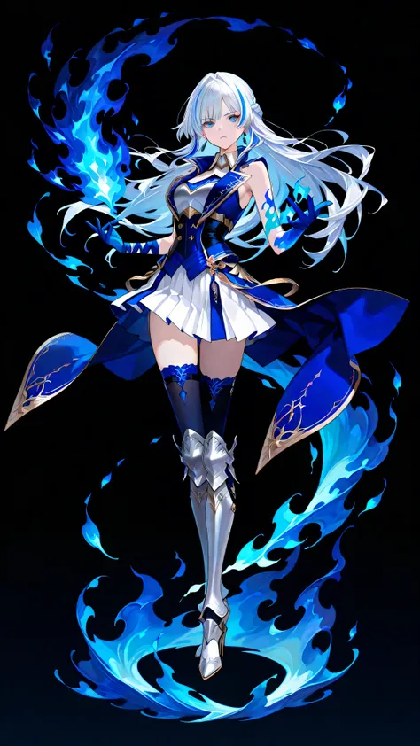 black background, 1girl, solo, masterpiece, female knight theme, beautiful woman with long silver hair, blue-streaked white hair, blue eyes and silky hair, long hair down, half up half down braid, white chest plate, wearing blue knightly attire, long blue ...