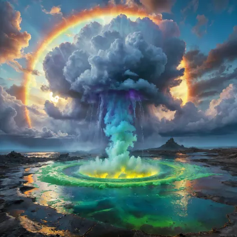 Ultra-realistic, photo-realistic, ultra-detailed, bright vibrant colors, 3D rendered realism, clear crisp images,
An electric blue sky filled with very large double mushroom clouds that are large dark green cumulus clouds, with light lime green and white...