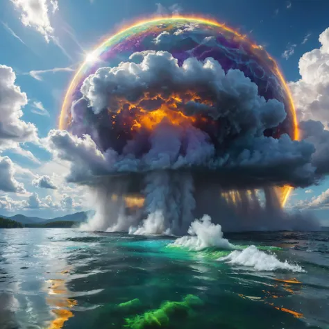 Ultra-realistic, photo-realistic, ultra-detailed, bright vibrant colors, 3D rendered realism, clear crisp images,
An electric blue sky filled with very large double mushroom clouds that are large dark green cumulus clouds, with light lime green and white...