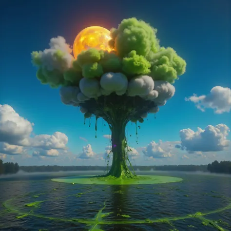 Ultra-realistic, photo-realistic, ultra-detailed, bright vibrant colors, 3D rendered realism, clear crisp images,
An electric blue sky filled with very large double mushroom clouds that are large dark green cumulus clouds, with light lime green and white...