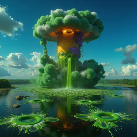 Ultra-realistic, photo-realistic, ultra-detailed, bright vibrant colors, 3D rendered realism, clear crisp images,
An electric blue sky filled with very large double mushroom clouds that are large dark green cumulus clouds, with light lime green and white...