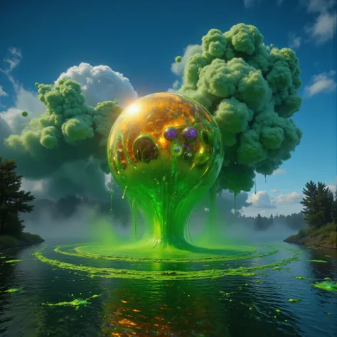 ultra-realistic, photo-realistic, bright vibrant colors, 3D rendered realism, clear crisp images, hyperrealistic, electric blue sky filled with detailed atmospheric green cloudsin the form of very large double mushroom clouds that are large dark green cumu...