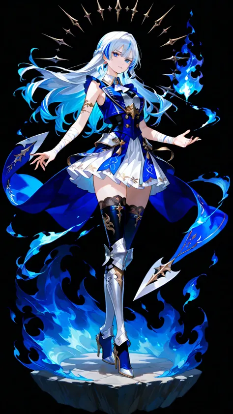 black background, 1girl, solo, masterpiece, female knight theme, beautiful woman with long silver hair, blue-streaked white hair, blue eyes and silky hair, long hair down, half up half down braid, white chest plate, wearing blue knightly attire, long blue ...