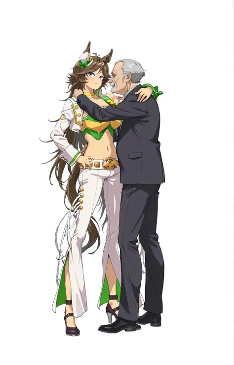 masterpiece masterpiece, ultra-HD, impressionism, high detail, best quality, very aesthetic, 8k, best quality, beautiful, anime coloring , 1 man , old man , suit uniform , grabbing her throat , hug , face to face , mr. c.b. (umamusume), solo , big breast ...